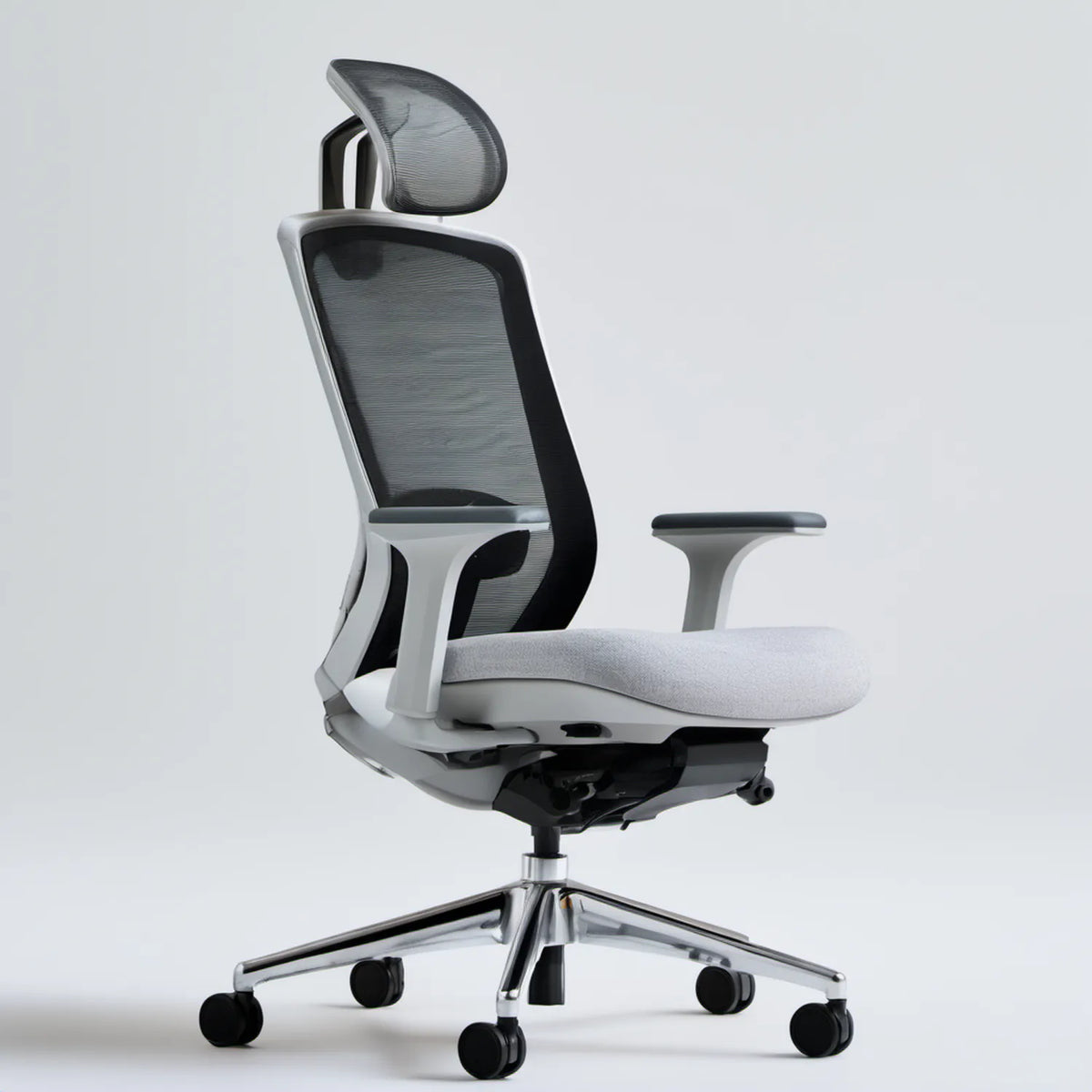Ergonomiczny fotel obrotowy z regulowanym zagłówkiem, szaro-czarno-srebrny, 66 x 66 x 118-128 cm