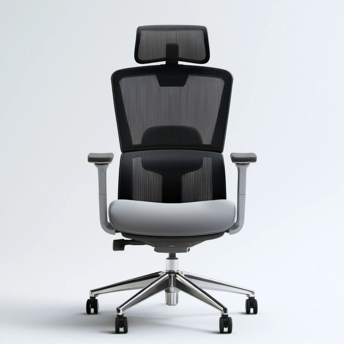 Ergonomiczny fotel obrotowy z regulowanym zagłówkiem, czarny/szary/srebrny, 66 x 66 x 118–128 cm