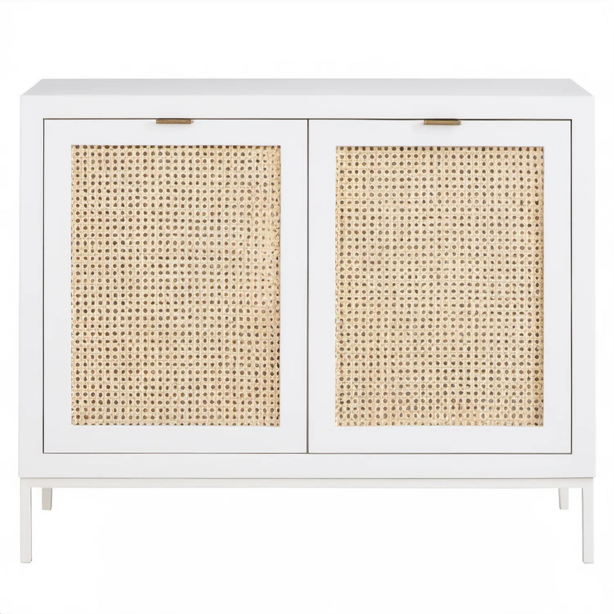 Biała komoda z plecionką rattanową i mosiężnymi uchwytami 100 x 40 x 90 cm