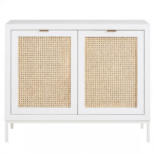 Biała komoda z plecionką rattanową i mosiężnymi uchwytami 100 x 40 x 90 cm