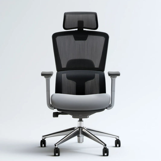 Ergonomiczny fotel obrotowy z regulowanym zagłówkiem, czarny/szary/srebrny, 66 x 66 x 118–128 cm