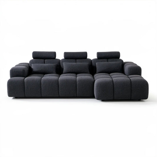 Trzyosobowa sofa z regulowanymi zagłówkami, tkanina bouclé, antracytowa, 300 x 105 x 100 cm