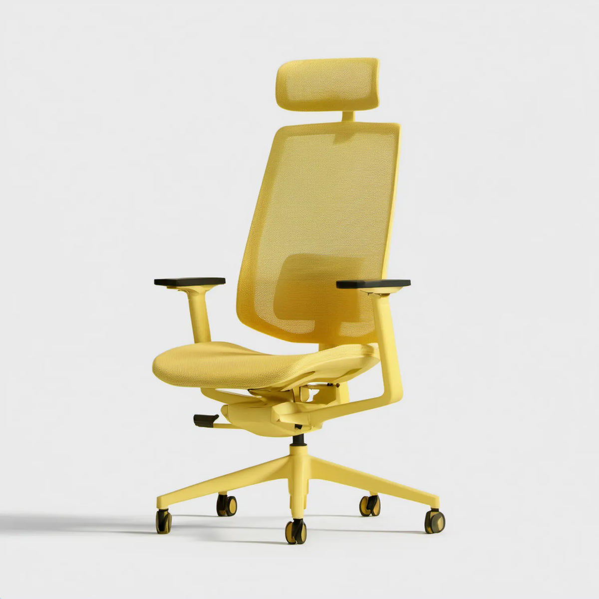 Żółty ergonomiczny fotel biurowy obrotowy z zagłówkiem, 68 x 68 x 118–128 cm