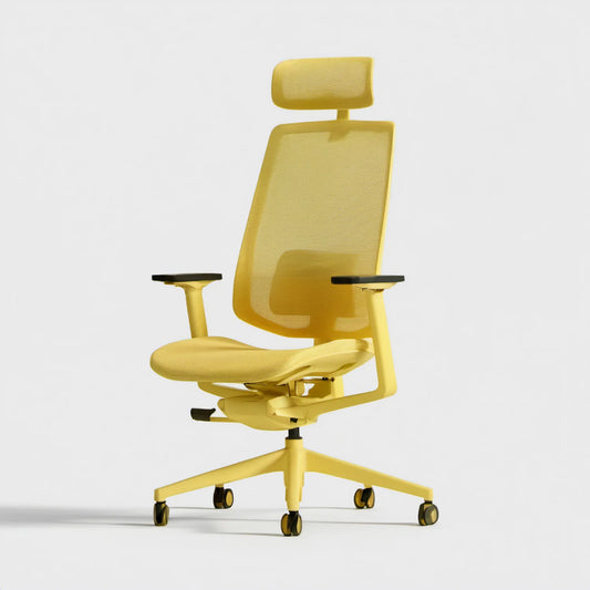 Żółty ergonomiczny fotel biurowy obrotowy z zagłówkiem, 68 x 68 x 118–128 cm