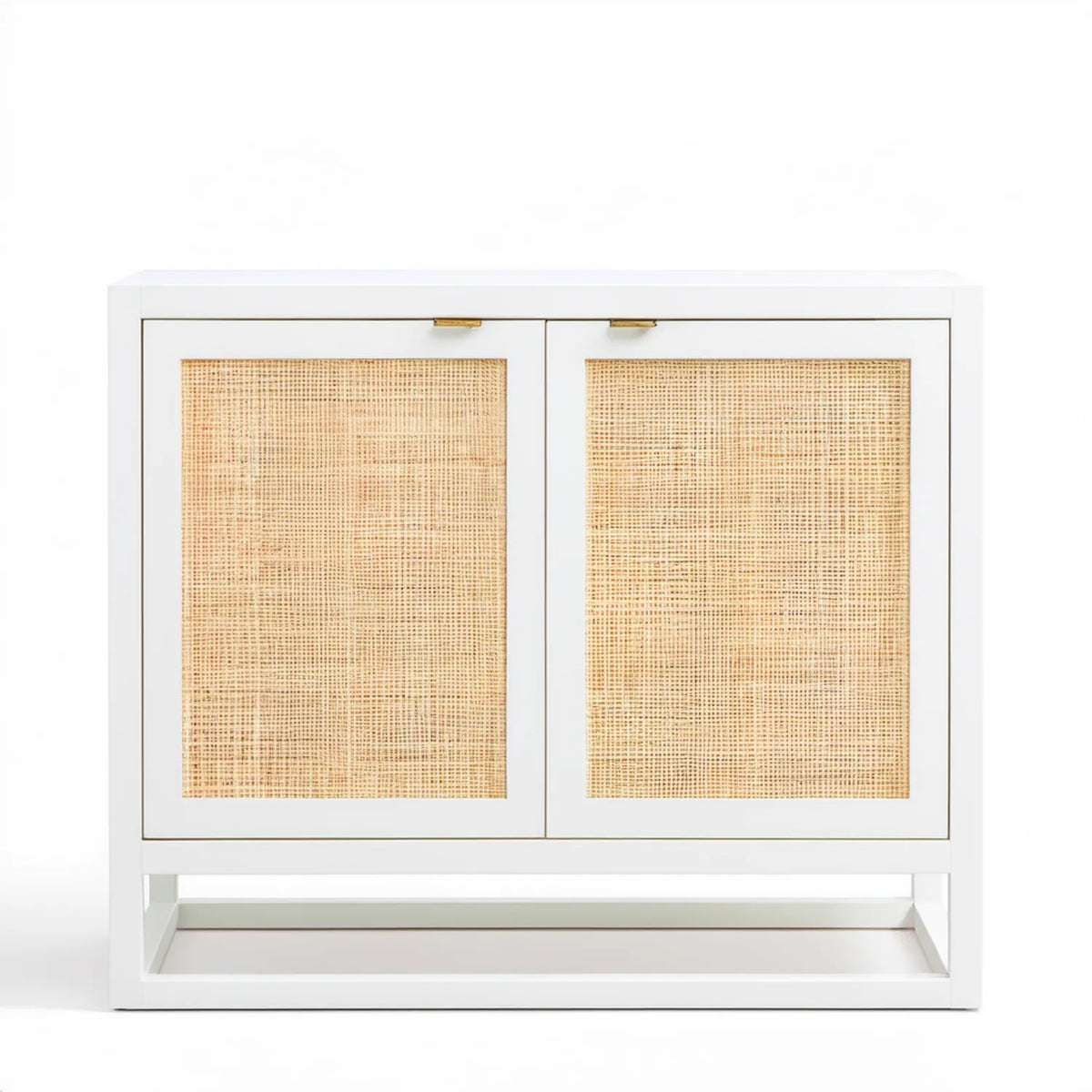 Biała szafka z plecionką rattanową i złotymi uchwytami, 120 x 40 x 90 cm