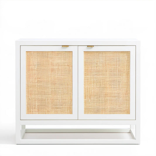 Biała szafka z plecionką rattanową i złotymi uchwytami, 120 x 40 x 90 cm