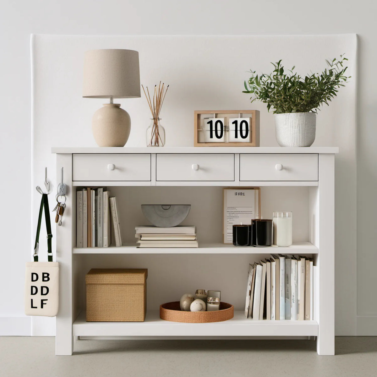 Biała konsola do przedpokoju z MDF, 3 szufladami i 2 półkami, 120 x 35 x 90 cm