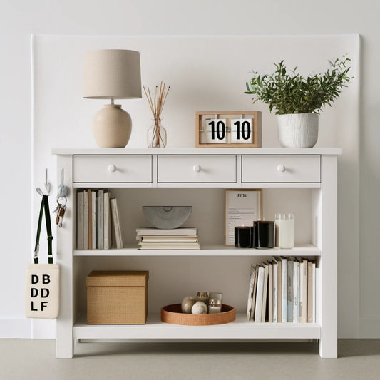 Biała konsola do przedpokoju z MDF, 3 szufladami i 2 półkami, 120 x 35 x 90 cm