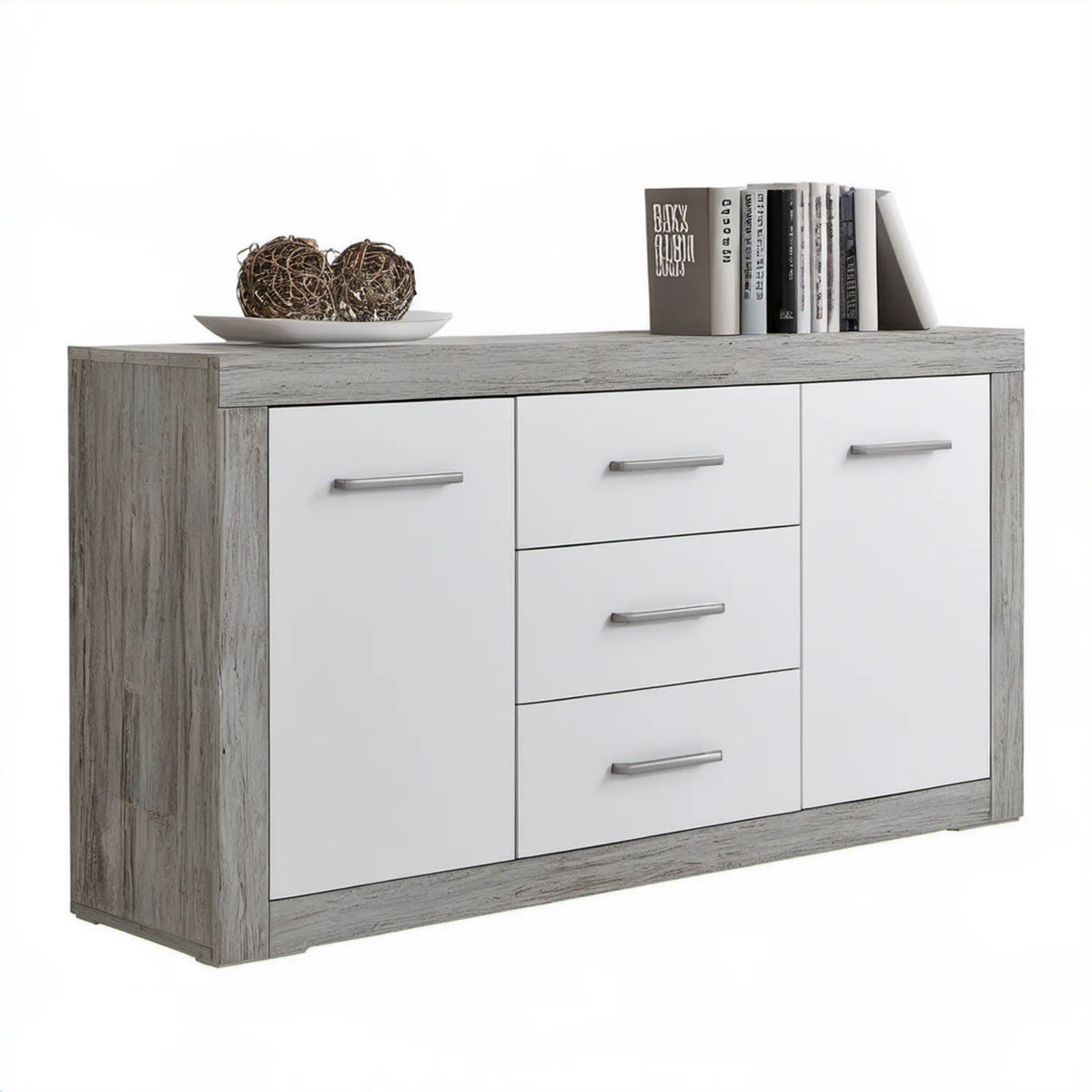 Komoda z płyty laminowanej szaro-biała 120 x 40 x 80 cm, 3 szuflady i 2 drzwi