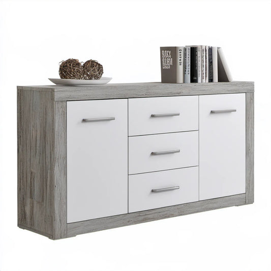 Komoda z płyty laminowanej szaro-biała 120 x 40 x 80 cm, 3 szuflady i 2 drzwi